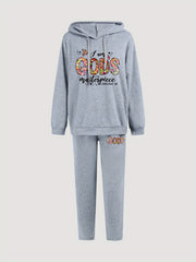 Women's Plus Floral Letter Print Hoodie & Sweatpants Set