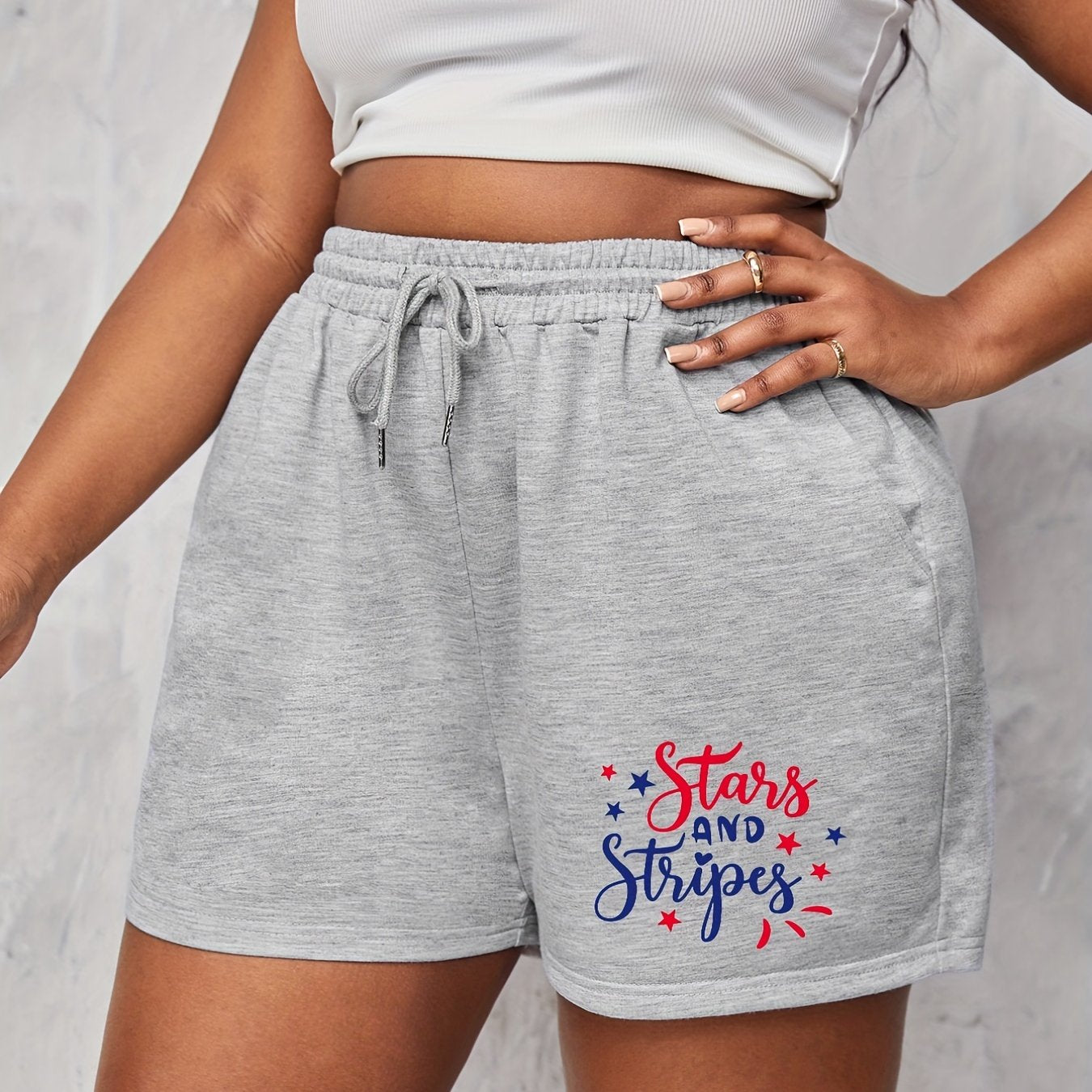 Independence Casual Shorts Women's Plus Letter & Star Print