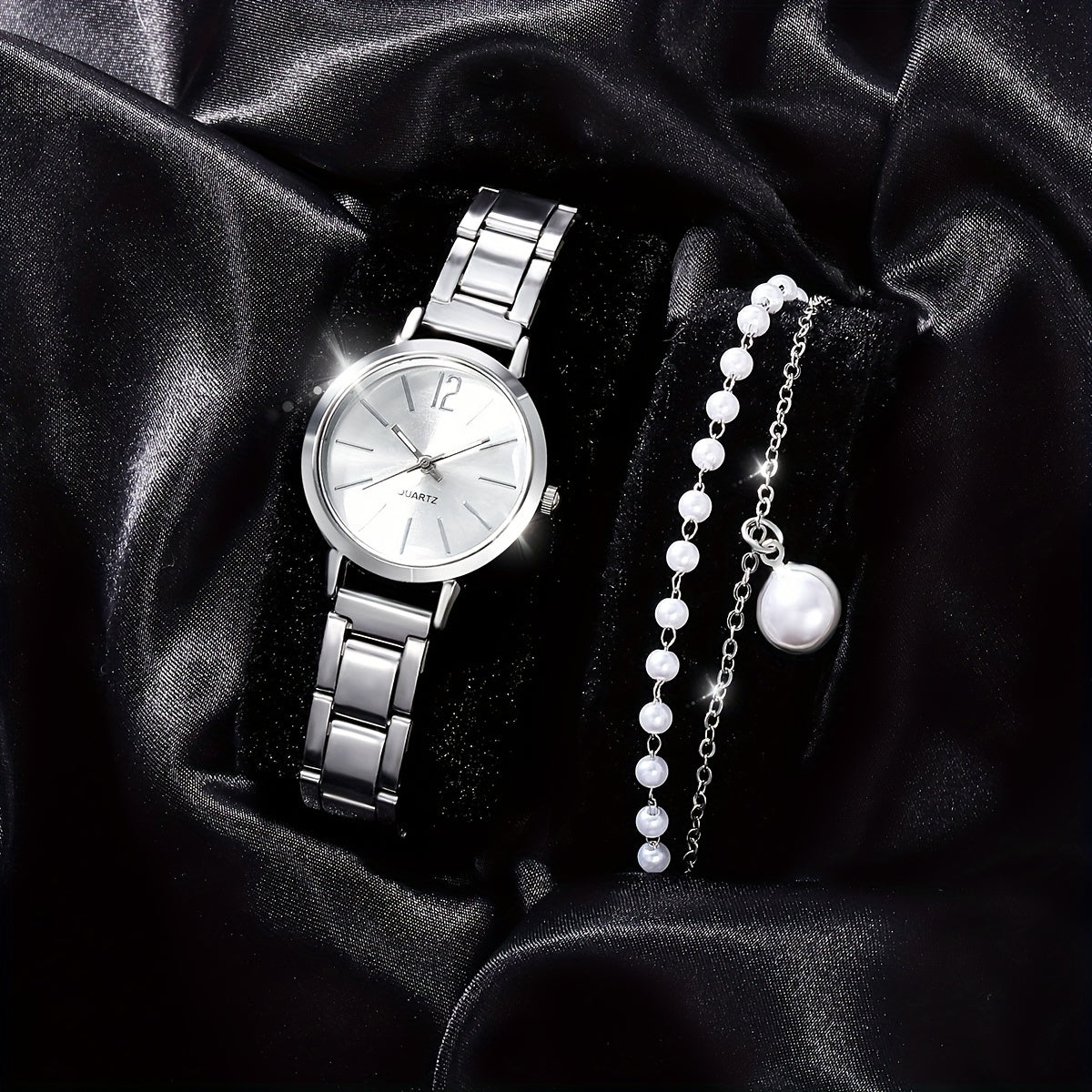 2pcs Children's Quartz Wristwatch & Bracelet Set, Pearl Butterfly Jewelry