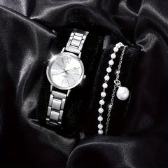 2pcs Children's Quartz Wristwatch & Bracelet Set, Pearl Butterfly Jewelry