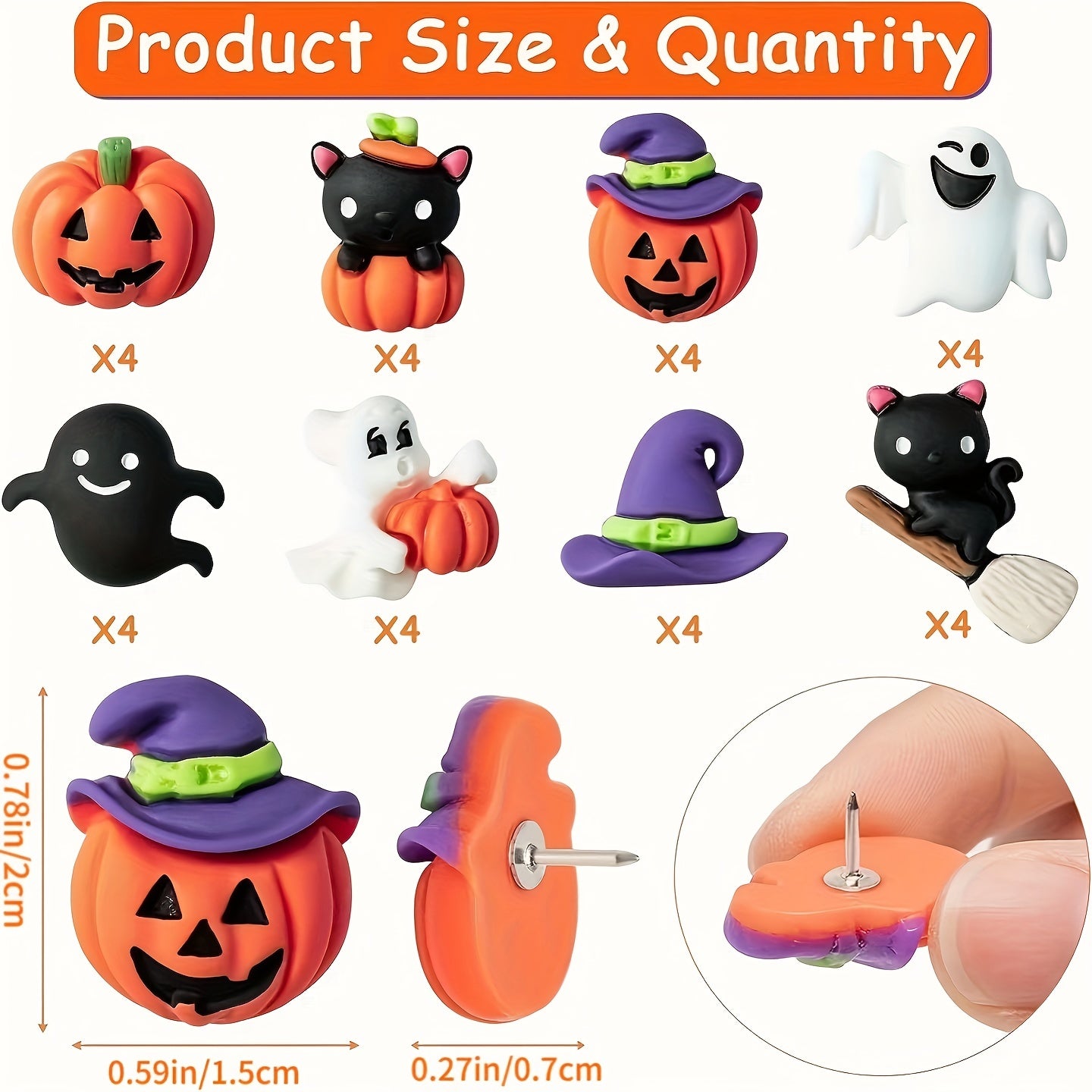32pcs Halloween Push Pins Decorations Funny Pumpkin Ghost Cat Resin