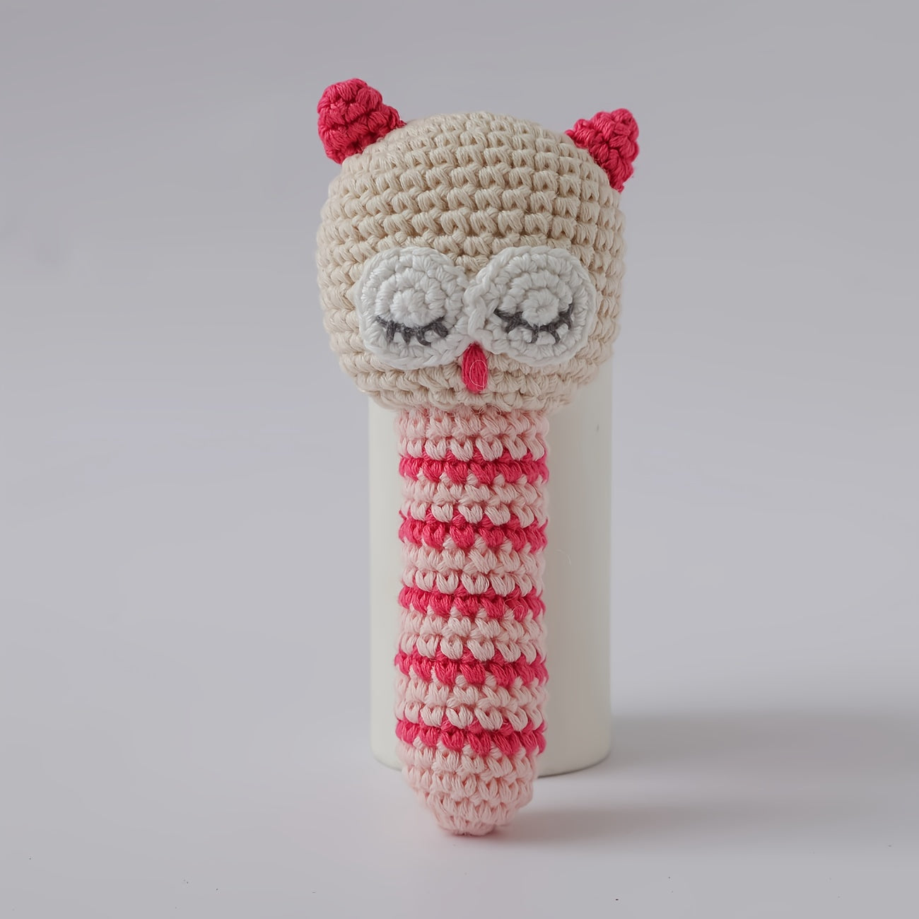 Crochet Owl Bell Toy Soft Nylon Sensory Stimulation Bead Eyes Pink Teething Toy