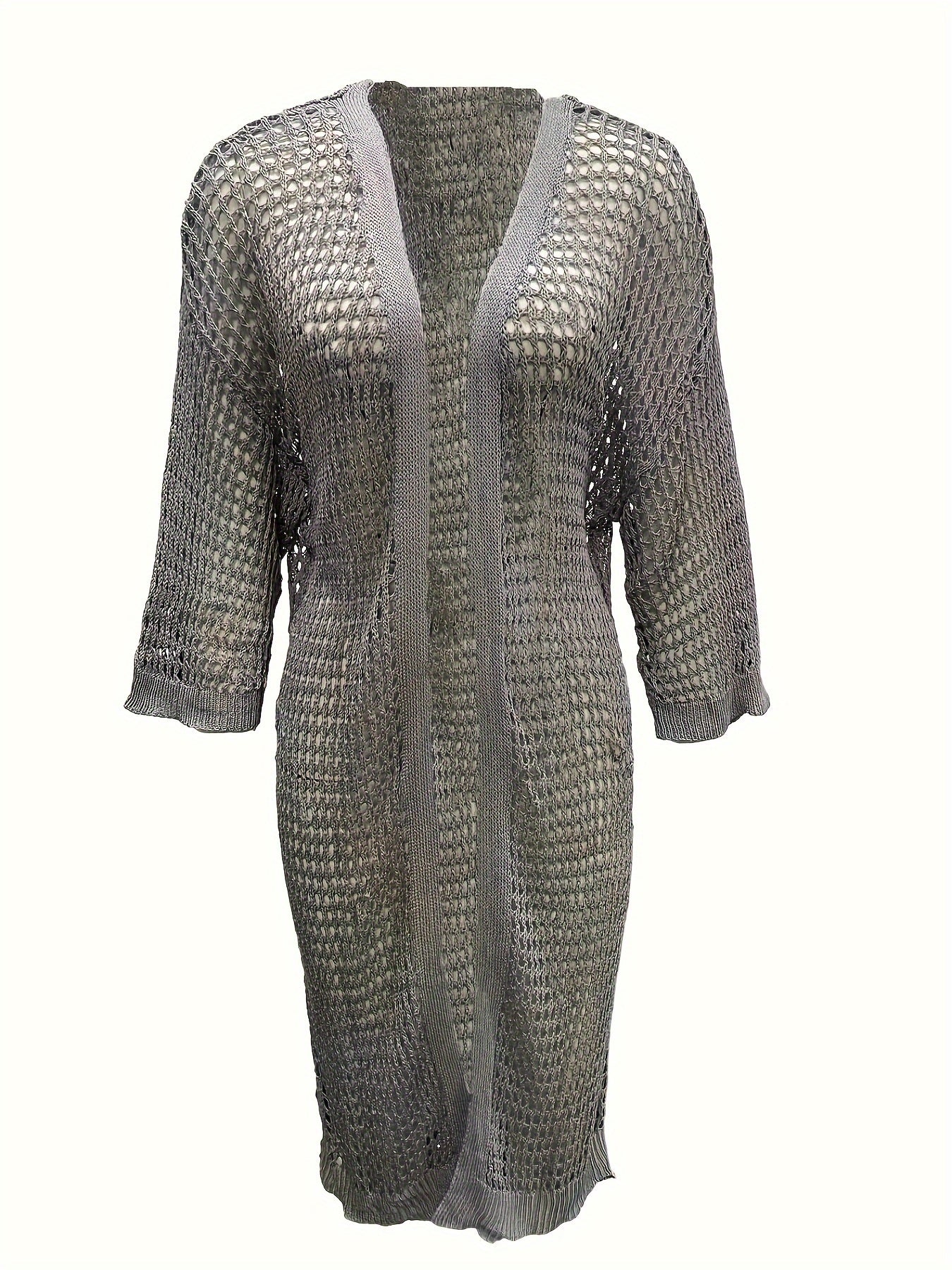 Solid Hollow Out Long Sleeve Open Front Cardigan