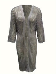 Solid Hollow Out Long Sleeve Open Front Cardigan