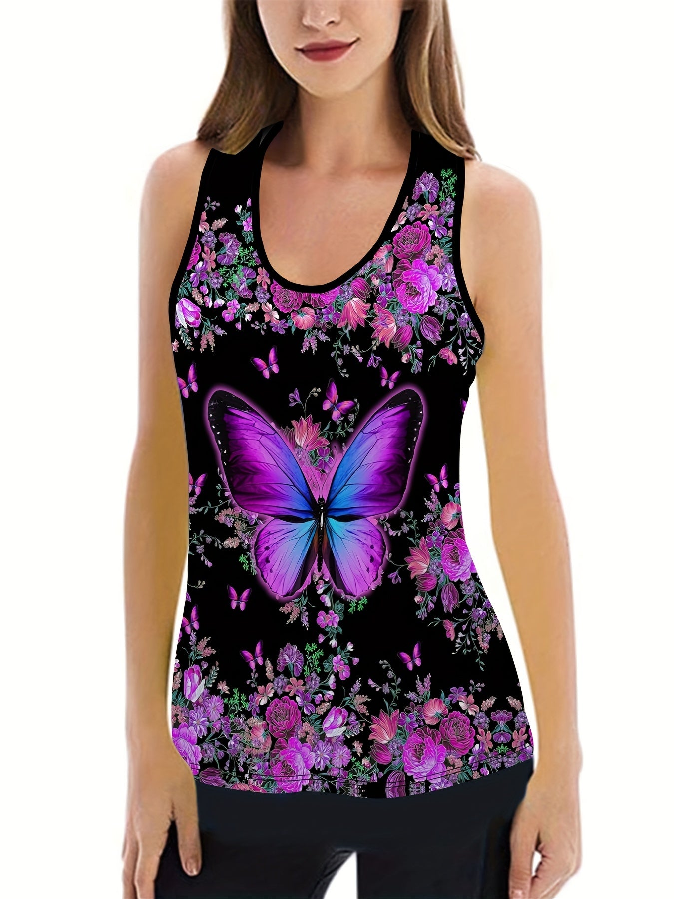 Women's Floral & Butterfly Print Tank Top & Yoga Pants Set