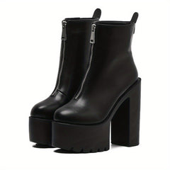 Women's Block Heel Boots Front Zipper Platform Shoes