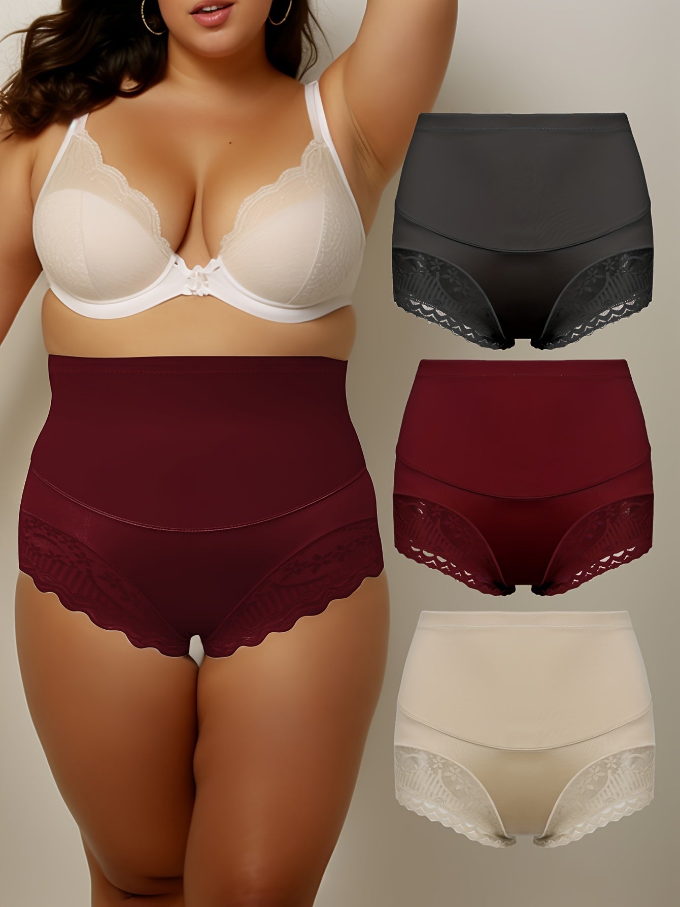 3 Pack Plus Size Panties Set Women's Plus Contrast Lace Trim Wide Waistband