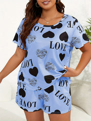 Heart & Letter Print Pajama Set Tee & Shorts Two Piece Set