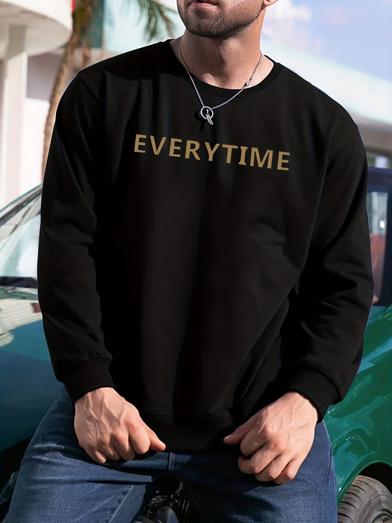 EVERYTIME Print Sweatshirt Men's Casual Graphic Crew Neck Pullover Sweatshirt