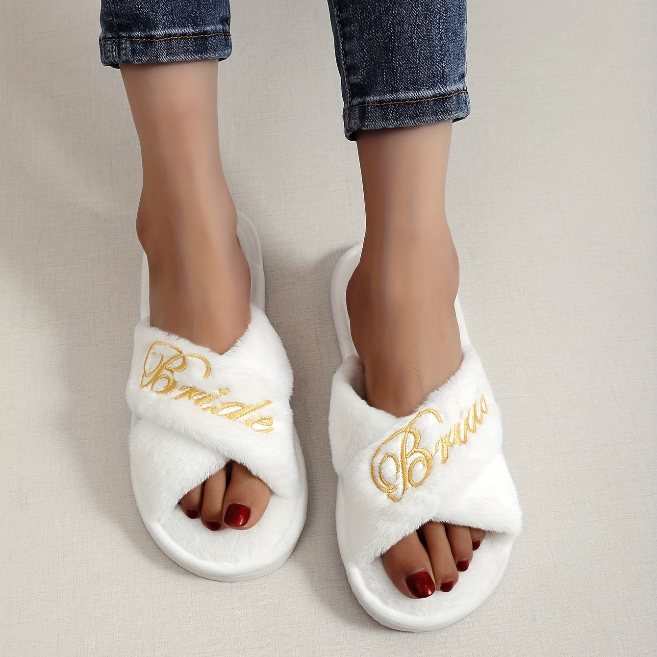 Embroidered Cross Strap Slippers Warm Plush Lined Bridal Party Slippers