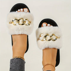 Women's Chain Decor Slippers Round Open Toe Slip On Shoes Plush Comfortable