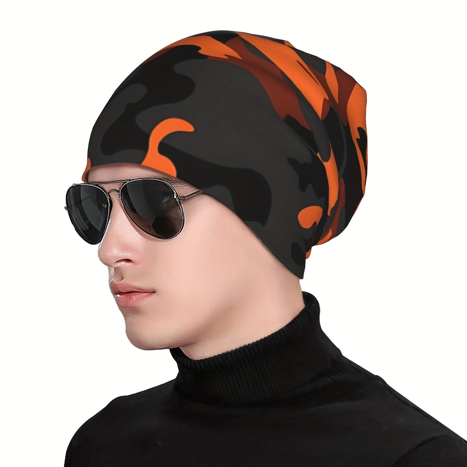 Orange Camo Style Brimless Hat With Rolled Cuff