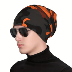 Orange Camo Style Brimless Hat With Rolled Cuff