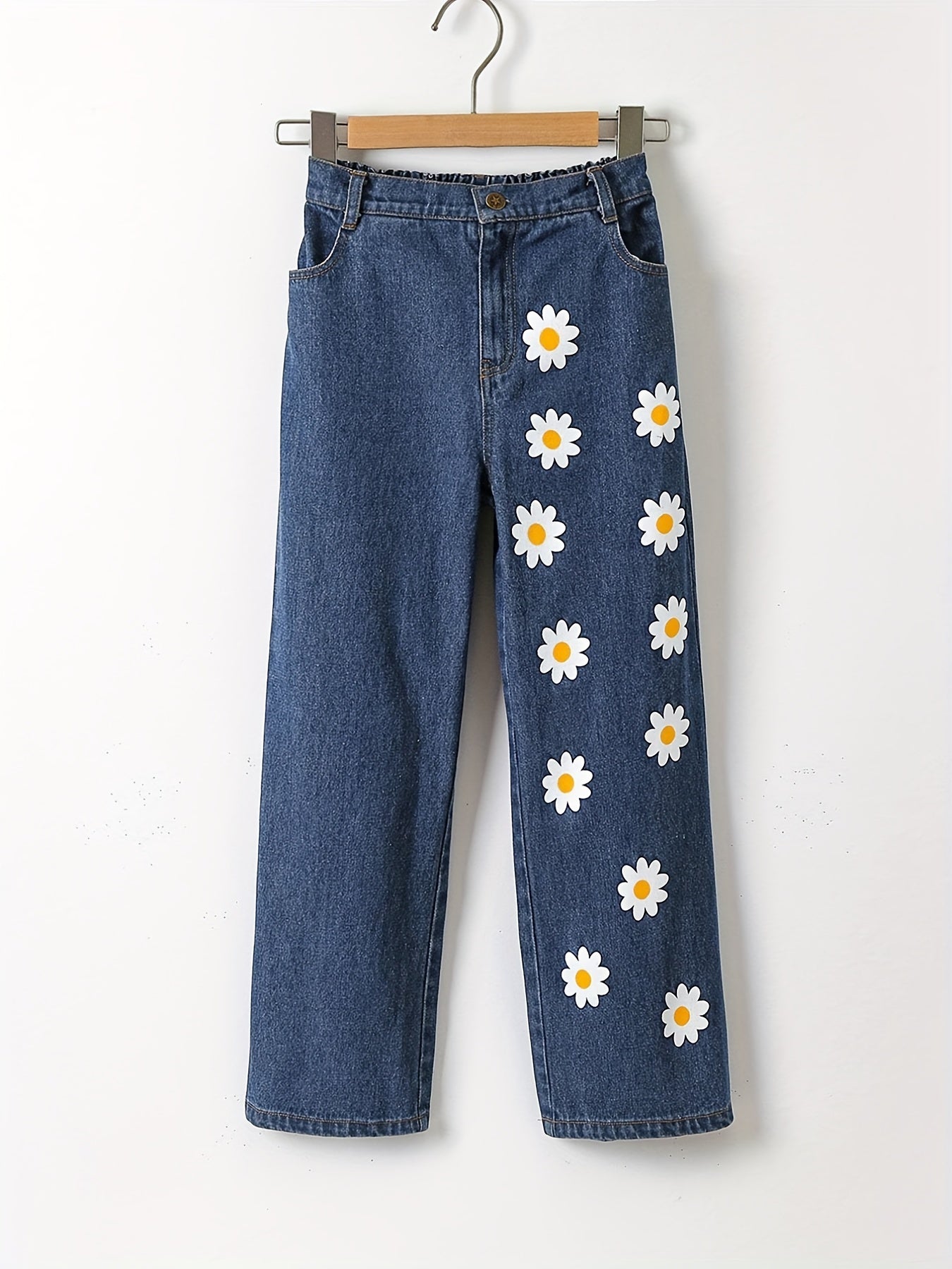 Girls' Daisy Flower Graphic Jeans High Waist Wide Leg Pants