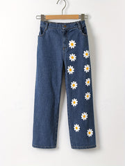 Girls' Daisy Flower Graphic Jeans High Waist Wide Leg Pants