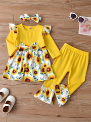 Girls Printed Bow Long Sleeve Top Flared Pants 3pcs Set