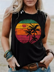 Sunset & Coconut Print Crew Neck Camisole Tank Top