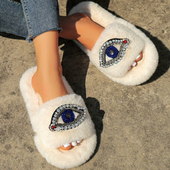 Women's Rhinestone & Eyes Decor Plush Slippers