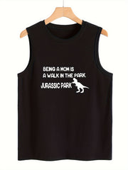 Dino & Letter Print Sleeveless Sports Vest Round Neck Casual Tops