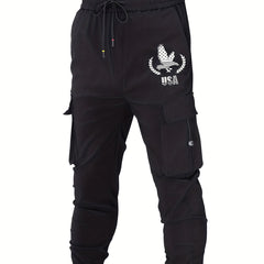 Eagle Print Classic Cargo Pants Men's Loose Fit Drawstring Solid Joggers