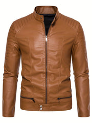 Men's PU Zip Up Stand Collar Faux Leather Jacket