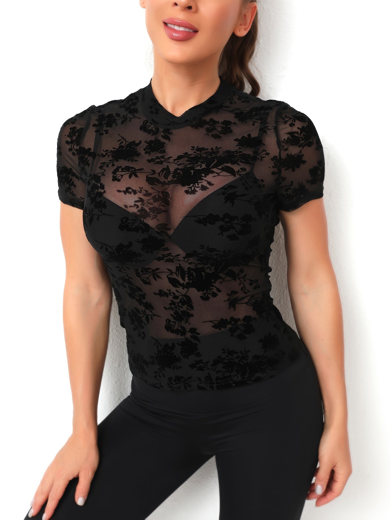 Flower Mesh Round Neck Sports T shirt Breathable Bodycon Short Sleeve Top