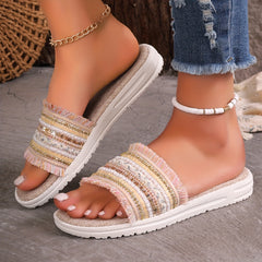 Women's Open Toe Woven Flat Slippers Boho Style Lightweight Beach Slides