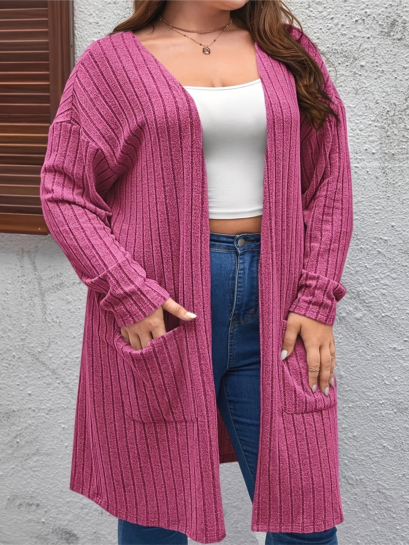Solid Ribbed Long Sleeve Cardigan with Pockets