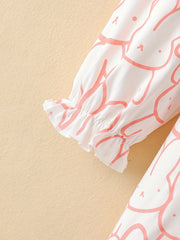 Girls Nightdress Rabbit Print Ruffle Decor PJ Long Sleeve Round Neck Dress