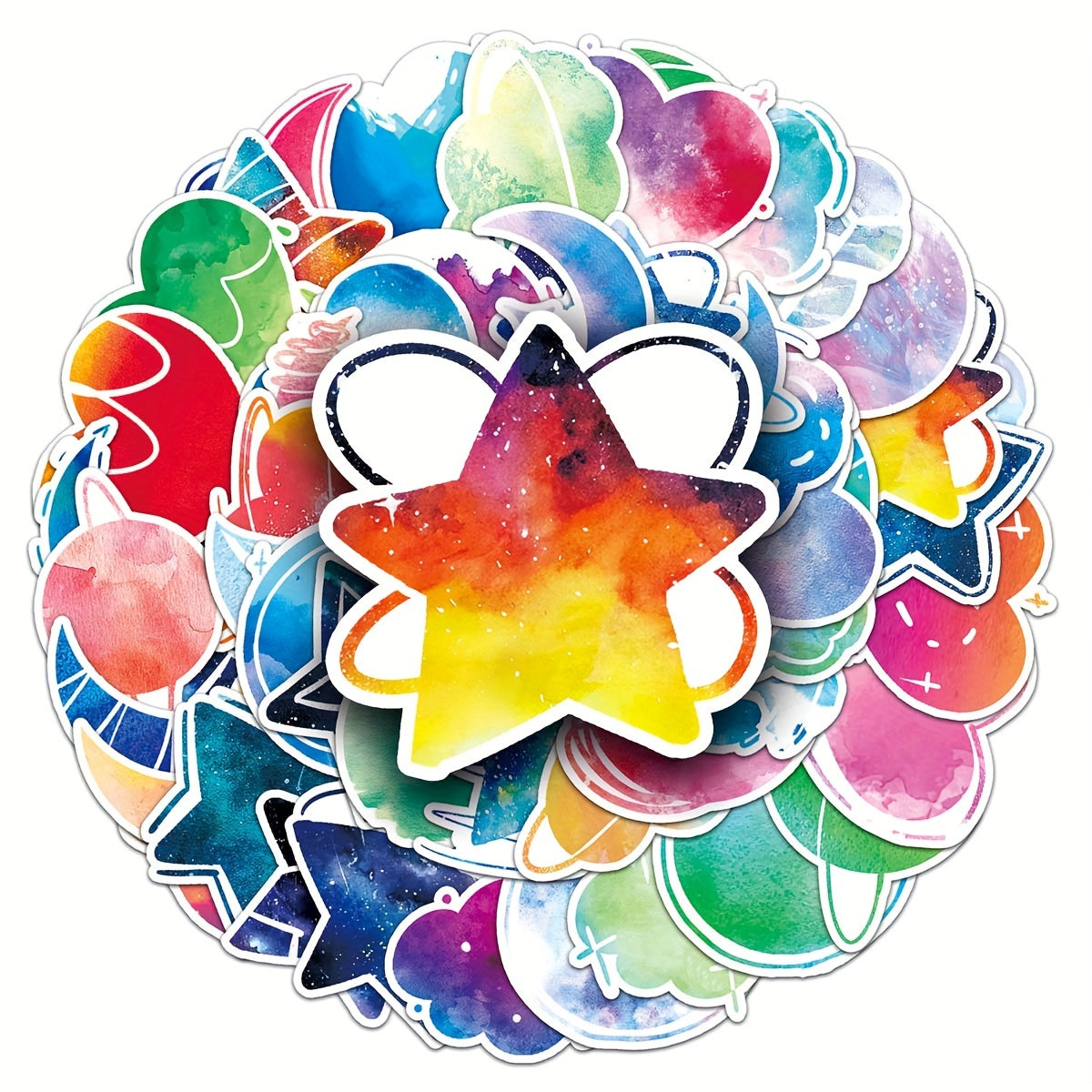 50 Watercolor Star & Moon Graffiti Painting Stickers for Journaling DIY Stickers