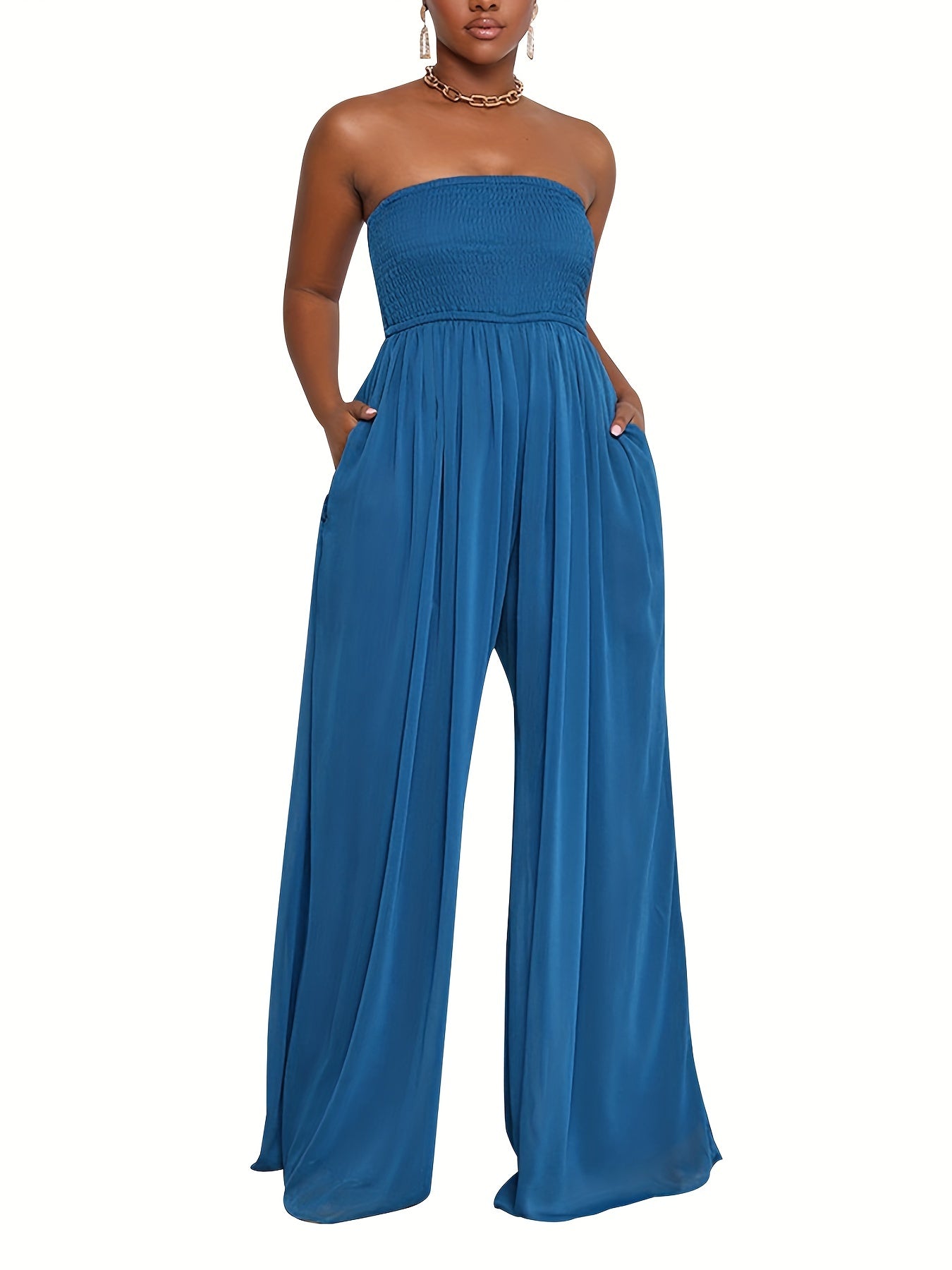Shirred Wide Leg Tube Jumpsuit Backless Causal Jumpsuit