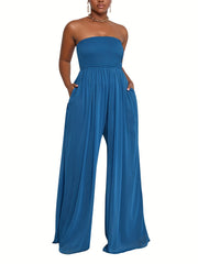 Shirred Wide Leg Tube Jumpsuit Backless Causal Jumpsuit