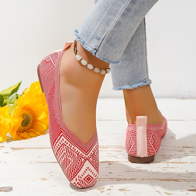 Women's Knitted Square Toe Flat Shoes Breathable Slip On Casual Walking Shoes