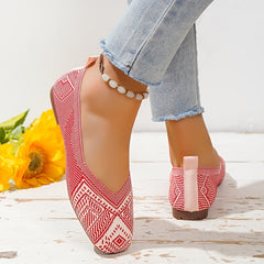 Women's Knitted Square Toe Flat Shoes Breathable Slip On Casual Walking Shoes