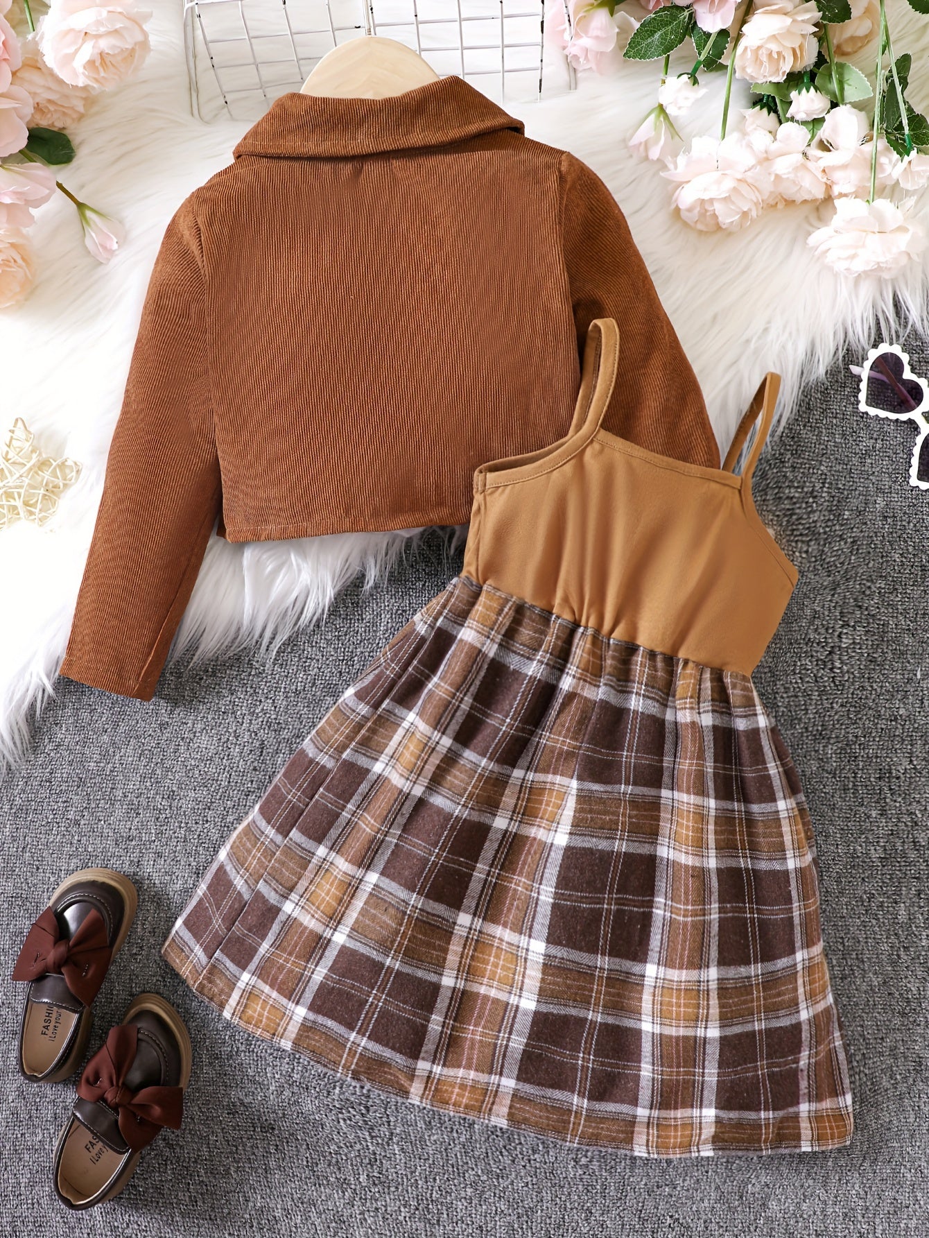 Girl's Plaid Pattern Sundress & Corduroy Jacket Set for Spring Autumn