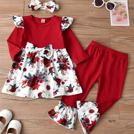 Girls Printed Bow Long Sleeve Top Flared Pants 3pcs Set