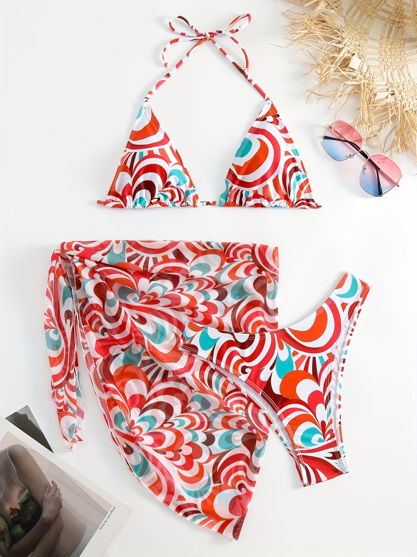 Halter Tie Back 3 Piece Swimsuit Set Bikini With Cover Up