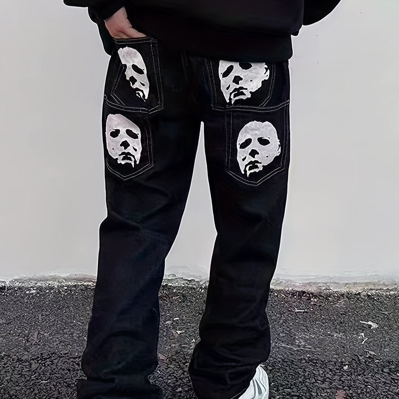 Face & Bat Pattern Loose Fit Jeans Men's Casual Street Style Denim Pants