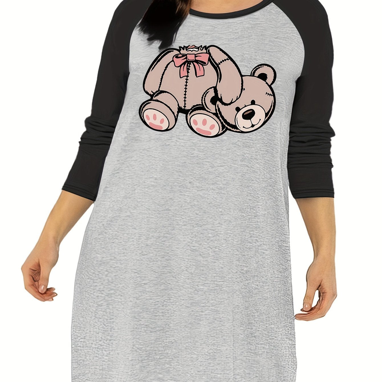 Casual Nightdress Women's Plus Teddy Bear Print Raglan Sleeve R