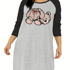 Casual Nightdress Women's Plus Teddy Bear Print Raglan Sleeve R