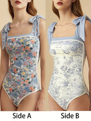 Floral Print Reversible Tie Shoulder One Piece Swimsuit