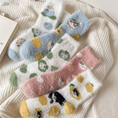 5 Pairs Cat Print Socks Warm Cozy Women's Stockings
