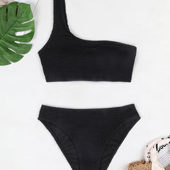 One Shoulder Solid 2 Piece Set Bikini Asymmetric Ruched Swimsuit
