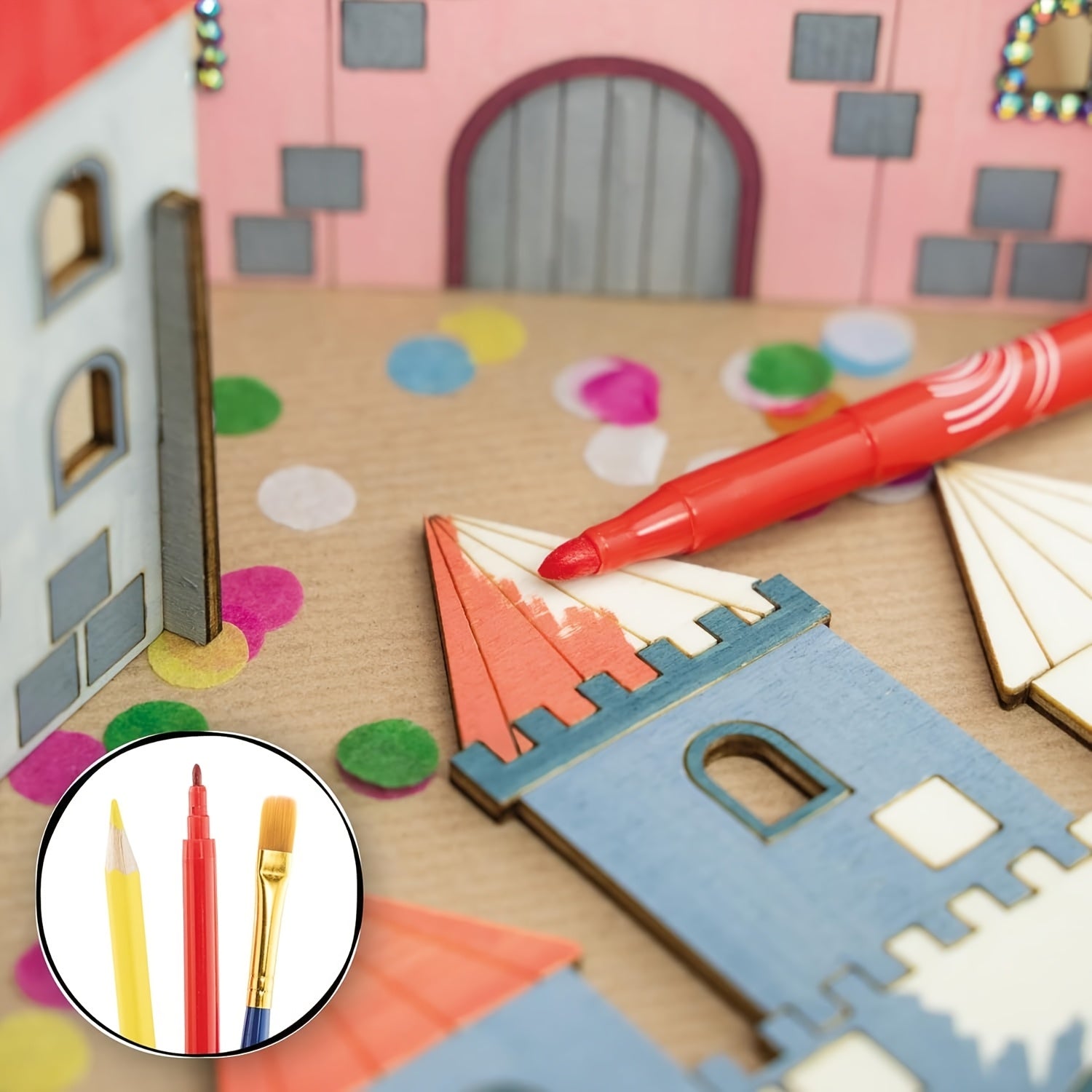 6pcs Wooden Castle Craft Kit DIY Unfinished Wooden Castle House Building