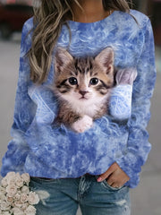Cat Print Pullover Sweatshirt Casual Long Sleeve Crew Neck Sweatshirt
