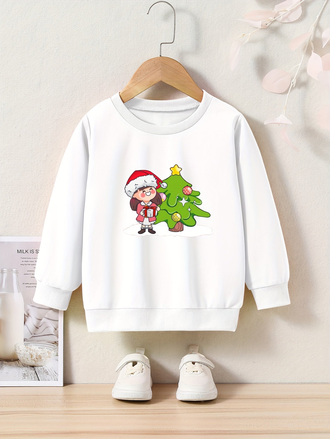 Christmas Girl And Tree Print Sweatshirt Long Sleeve Crew Neck Tops