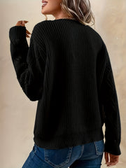 V Neck Cut Out Drop Shoulder Sweater - Women's Casual Long Sleeve Sweater