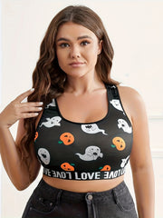 Halloween Sports Bra Womens Plus Pumpkin & Ghost Print Bralette