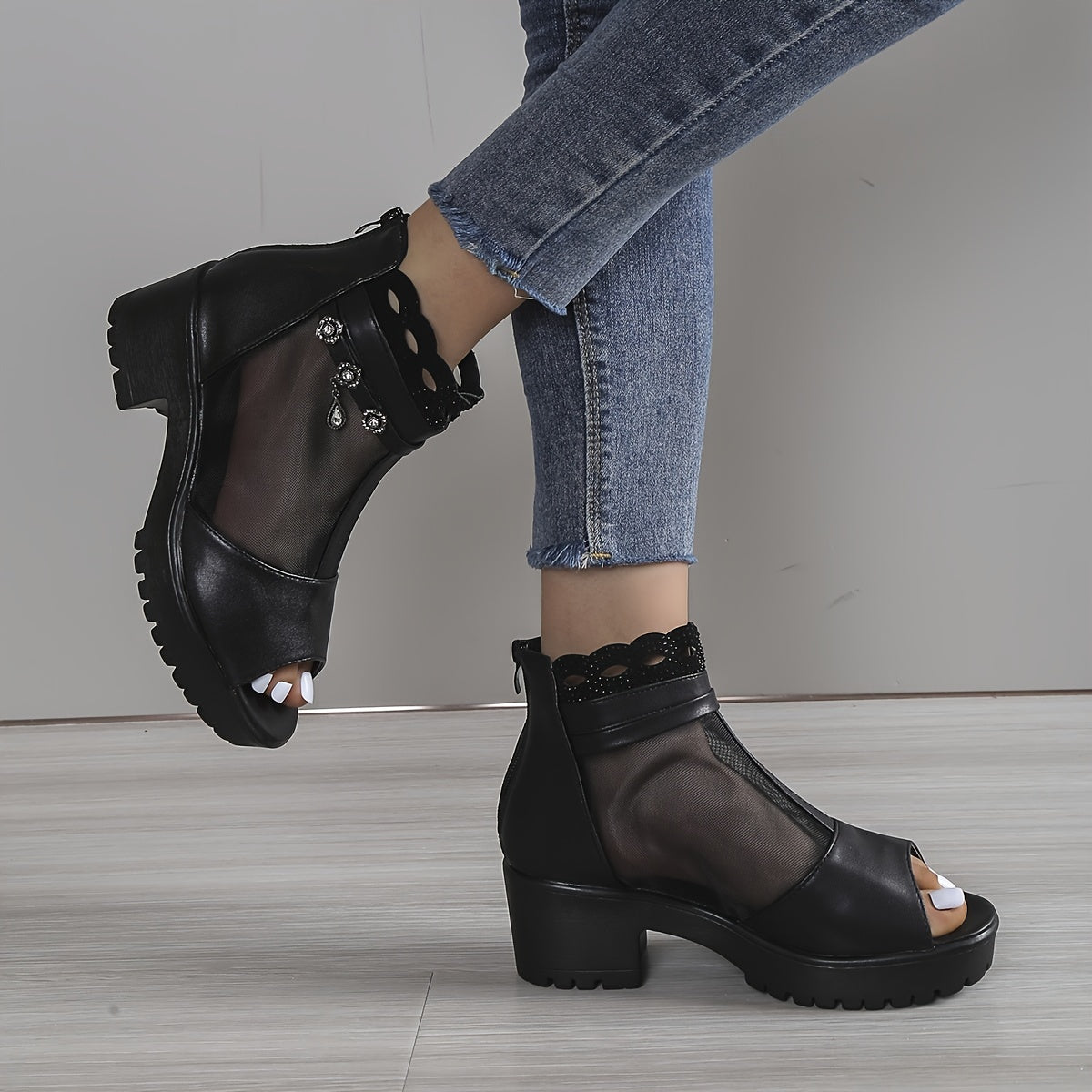 Women's Rhinestone Mesh Block Heel Boots