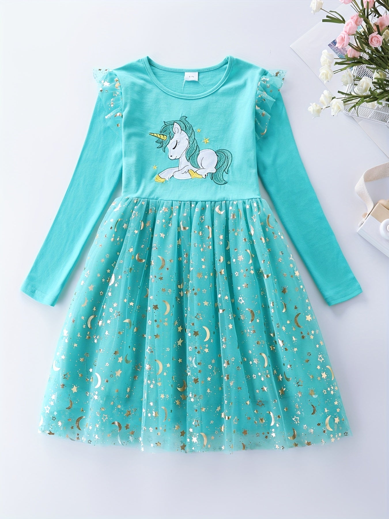 Girls' Sun & Moon Sequins Long Sleeve Princess Dress with Unicorn Embroidery
